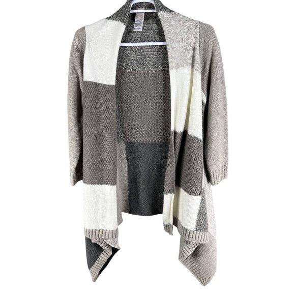 Chicos Womens M Patchwork Open Front Asym Cardigan Sweater Neutral Color Block - Picture 3 of 14